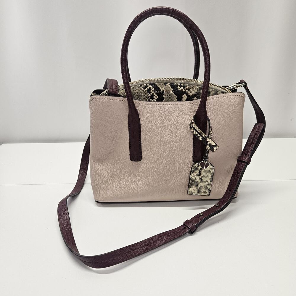 Like new KS Blush Pebbled Leather Satchel with Plum Handles & Snake-Print Trim